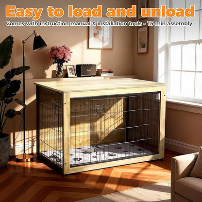 SHAWKEN Wooden & Metal Large Dog Crate Furniture Indoor with Soft Cushion, Double-Door Dog House, 37.4" L Dog Kennel (Oak Grey, Large)