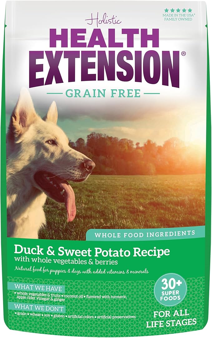 Health Extension Grain Free Duck & Sweet Potato Dry Dog Food - 30+ Superfoods and Probiotics for All Life Stages (4 lb)