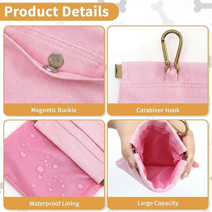 Dog Treat Pouch, Hand Free Dog Training Treat Bag with Carabiner & Magnetic Buckle, Auto Closing Dog Walking Bag for Puppy Travel or Outdoor Use, Pet Feed Snack Reward Pocket, Pink