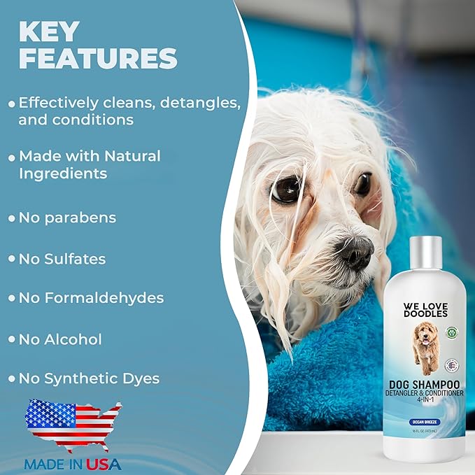 Dog Shampoo, Conditioner & Detangler-Best Shampoo for Goldendoodles, Poodles & Doodles Pet Hair -Hypoallergenic, Tearless, Sensitive Skin for Puppies & All Dog Breeds -Made in USA,16OZ (Ocean Breeze)