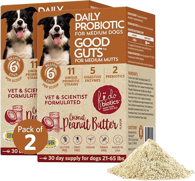 Fidobiotics Good Guts for Medium Mutts Probiotic for Dogs, 6 Billion CFUs, 11 Strains, 5 Digestive Enzymes, 2 Prebiotics, Digestive Gut Health for Dogs, Adult & Puppy Probiotics Supplements, Pack of 2