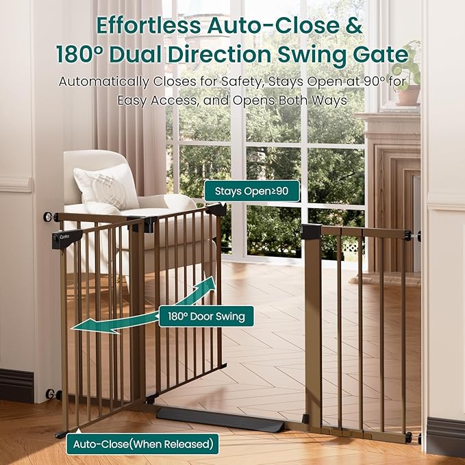 Cumbor 2-Pack Baby & Dog Gates Bundle, 29.7-51.5" & 30-54" Extra Wide Safety Gates for Stairs Doorways Hallways, Dual Lock Auto Close Easy Install Pet Gate, Brown