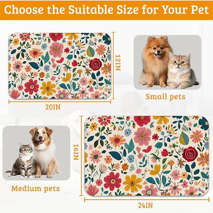 Colorful Flower Feeding Mat,Groovy Wildflowers Absorbent Quick-Dry Cat Dog Food and Water Bowl Mats,Non-Slip Rubber Backing Mat,Cat Dog Accessories Supplies 12" x 20"