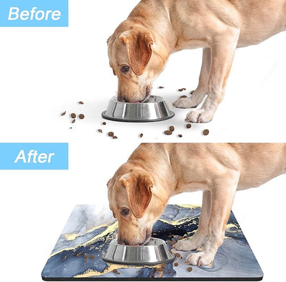 Rnivvi Dog Food Mat, 12" x 19" Marble Absorbent Dog Cat Bowl Mat for Food and Water, Cute Anti-Slip Rubber Pet Feeding Rug Protect Floors, Puppy Placemat for Feeding & Watering Supplies, Grey