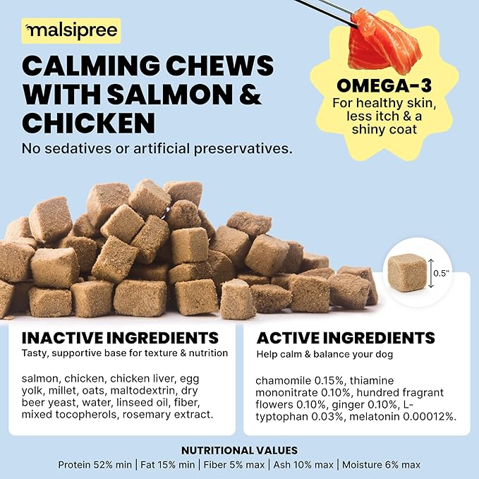 MalsiPree Calming Soft Chews for Dogs - 145 Count, Salmon Flavor - Promotes Relaxation & Composure - Support for Car Rides, Loud Noises, Grooming & Changes in Routine - with Chamomile & Melatonin