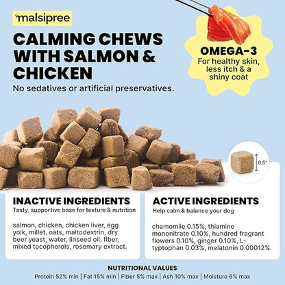 MalsiPree Calming Soft Chews for Dogs - 145 Count, Salmon Flavor - Promotes Relaxation & Composure - Support for Car Rides, Loud Noises, Grooming & Changes in Routine - with Chamomile & Melatonin