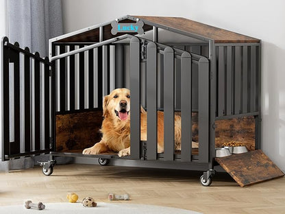 EasyCom 41“ XL Heavy Duty Dog Crate Furniture, Dogs Kennel Indoor with 360° Wheels, Dog Crates for Medium Dogs(35-60lb), Wooden Dog Cage with Feeding Window and Name Tag, Dog House, Rustic Brown