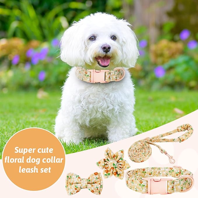 Dog Collar and Leash Set Girls Adjustable Puppy Collars with Floral Bow Tie for Small Medium Large Female Dogs, YellowFlower, XS