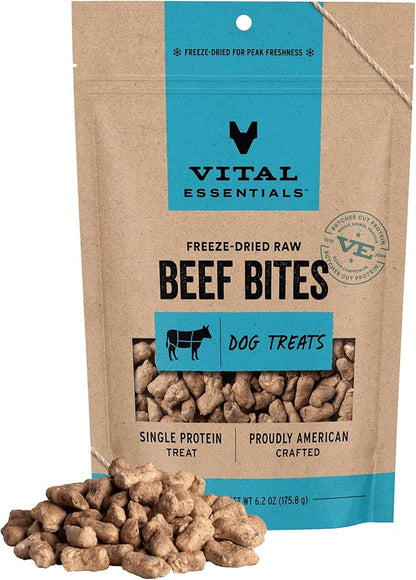 Vital Essentials Freeze Dried Dog Treats | Beef Bites, Single Protein | Premium Quality | Grain Free Training Treats for Dogs, 6.2 oz Bag