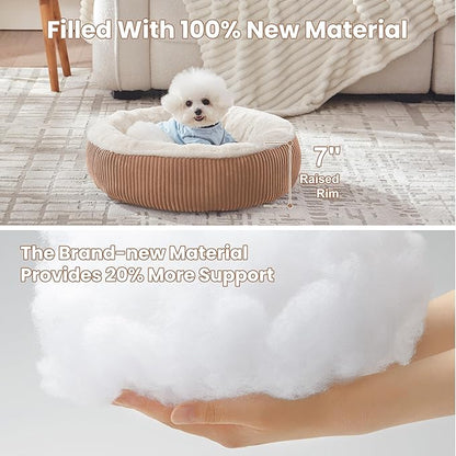23 inches Donut Dog Bed for Small Dogs - Calming Round Puppy Bed with Removable &Washable Cover, Plush Faux Fur & Corduroy Pet Bed for Cats, Fits Pets up to 15 lbs(Brown,Small)