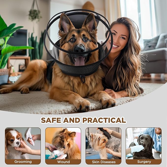 Soft Dog Cone for Dogs After Surgery,Transparent Breathable Dog Cone Collar for Small Large Medium Size Dog,Adjustable Depth Pet Recovery Collars,Elizabethan Collar for Dogs Stop Licking (Black-S)
