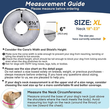 BARKLESS Inflatable Dog Cone, Protective Dog Surgery Collar to Stop Licking Biting Wounds, Patented Soft Donut Cone with Clear Shield, Adjustable Blow-up Collar for Surgery Recovery (Grey, XL)
