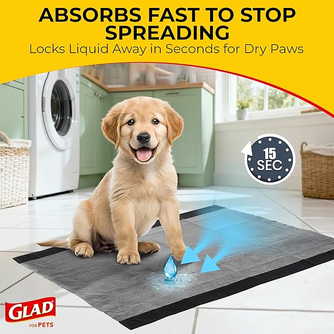 Glad for Pets Extra Large Charcoal Dog Training Pads, Absorbent Leak Proof Pee Pads for Dogs and Puppies, Odor Control Potty Pads with Activated Carbon, 28 x 30 Inches, 30 Count
