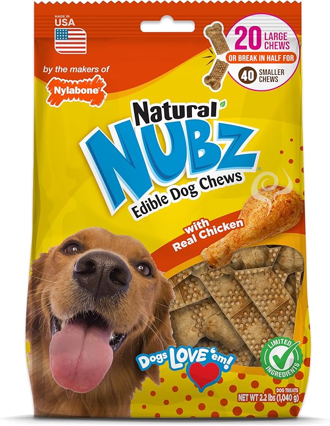 Nylabone Nubz Natural Dog Chew Treats for Large Dogs, Long Lasting Dog Bones Made in USA, Chicken Flavor Breath Freshener Dental Chews, for Dogs Over 30 lbs. (20 Count)