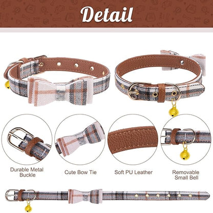 EXPAWLORER Puppy Collar and Leash Set - Classic Plaid Small Dog Collar with Bow Tie, Cute Dog Collar and Leash Set, Adjustable Dog Collar for Small Dogs Cats Holiday Birthday Gifts, Beige S-M