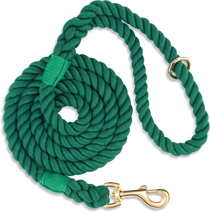 Dog Leash 6 FT Handmade Braided Cotton Rope Leashes for Small Medium and Large Dogs, New Golden Heavy Duty Metal Clasp, Dark Green