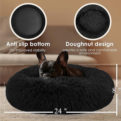 Dogs Bed for Small Dogs, Anti-Anxiety Washable Round Bed (Black, 24.0" L x 24.0" W x 8.0" Th)