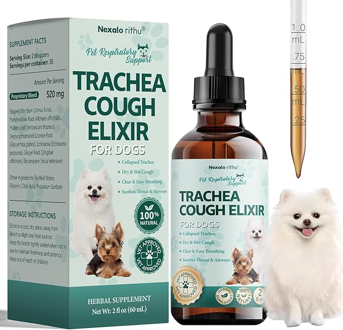 Collapsed Trachea Treatment for Dogs, Trachea Cough Elixir, Dog Cough Treatment –Natural Herbs Respiratory Support, Promotes Throat Comfort and Breathe Smoothly for Honking Cough, Gagging and Wheezing