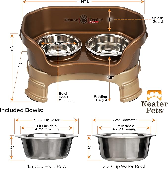 Neater Feeder Deluxe Mess-Proof Elevated Dog Bowls for Small Dogs (Up to 19 lbs), 2 Height Adjustable (6” & 7.5”) No-Spill Raised Dog Bowl Stand, Stainless Steel Food Bowl Set, Made in USA, Bronze