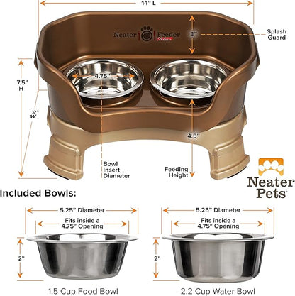 Neater Feeder Deluxe Mess-Proof Elevated Dog Bowls for Small Dogs (Up to 19 lbs), 2 Height Adjustable (6” & 7.5”) No-Spill Raised Dog Bowl Stand, Stainless Steel Food Bowl Set, Made in USA, Bronze