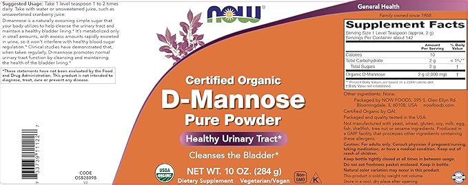 NOW Foods Pure, Organic D-Mannose 10 oz Powder - Bladder Cleanse and Urinary Tract Health Supplement - Non-GMO - Vegan Friendly - 2000mg / 2 Grams per Serving