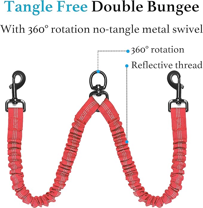 iYoShop Dual Dog Leash - 360° Swivel, No Tangle Walking Leash with Shock Absorbing Bungee for Two Dogs (Large, 25-150 lbs, Red)