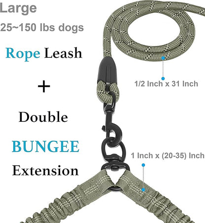 iYoShop Dual Dog Leash - 360° Swivel, No Tangle Walking Leash with Shock Absorbing Bungee for Two Dogs (Large, 25-150 lbs, Military Green)