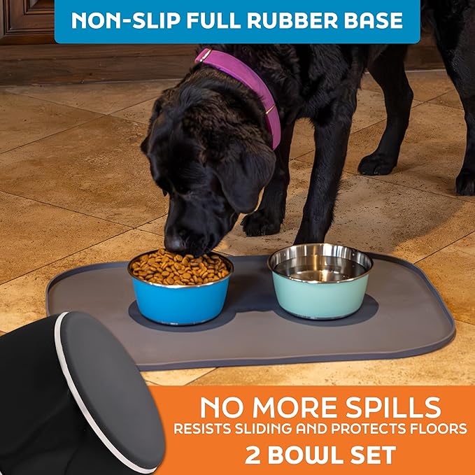 Master Pet Supply Stainless Steel Dog Bowls Set of 2 (32 Oz Each) with Non-Slip Rubber Base - Black Velvet - Basic Dog Food Bowl Water & Food Bowls for Small Medium Large Dogs & Cats, Metal Dish