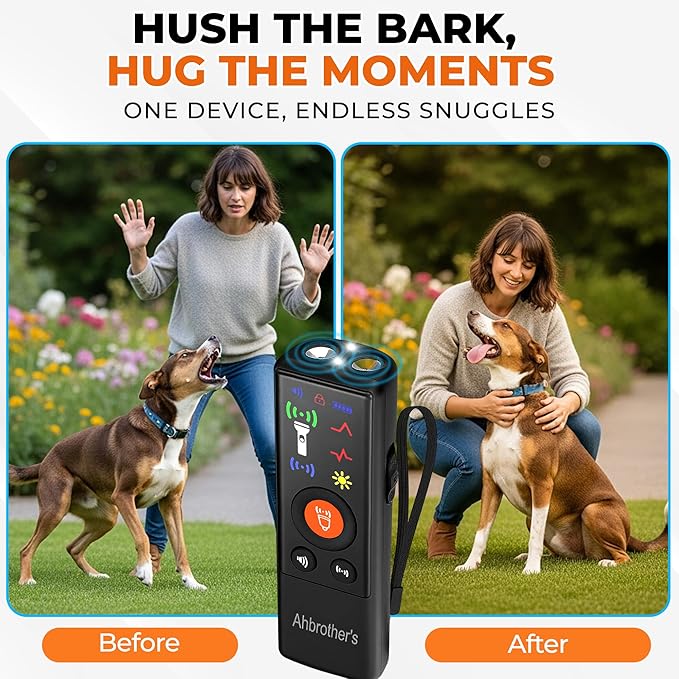 Ahbrother's Dog Bark Deterrent Devices 2X Ultrasonic Anti Barking 4 Training Modes Barks No More Indoors Outdoors Behavior Correct Safe & Humane Rechargeable Compact Bark Control for Dogs