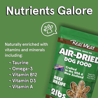 TRMC Real Meat Air Dried Dog Food w/Real Beef - 2lb Bag of USA-Crafted Grain-Free Real Meat Dog Food Sourced from Hormone-Free, Free-Range, Grass-Fed Beef - Digestible, All Natural, High Protein Beef