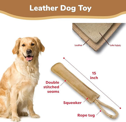 SPOT Dura-Fused Leather Retriever Dog Toy – Real Leather & Jute Fabric, Double-Stitched & Durable, Squeaky Interactive Tug Toy with Rope Handle for Moderate Chewers, Soft Stuffed Fetch Toy, 15in