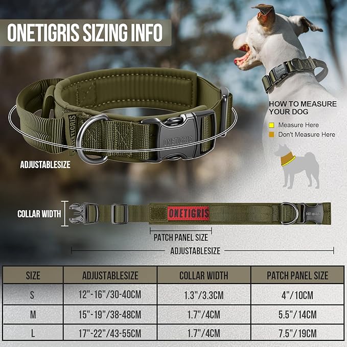 OneTigris Tough Dog Collars, Tactical Dog Collar with Handle, Milltary Adjustable Dog Collar with Heavy Duty Metal Buckle for Training (Large(Pack of 1), Green)