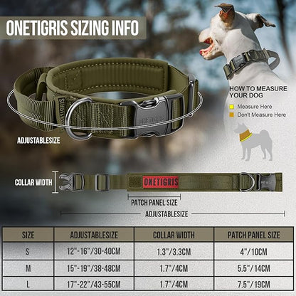OneTigris Tough Dog Collars, Tactical Dog Collar with Handle, Milltary Adjustable Dog Collar with Heavy Duty Metal Buckle for Training (Medium (Pack of 1), Green)
