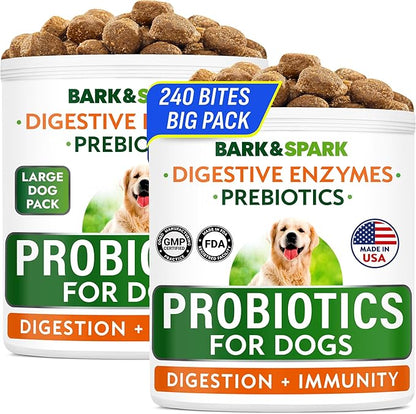 BARK&SPARK Dog Probiotics & Digestive Enzymes (Gut Health) Allergy & Itchy Skin - Pet Diarrhea Gas Treatment Upset Stomach Relief, Digestion Health Prebiotic Supplement Dog Treats (240Ct Chicken)