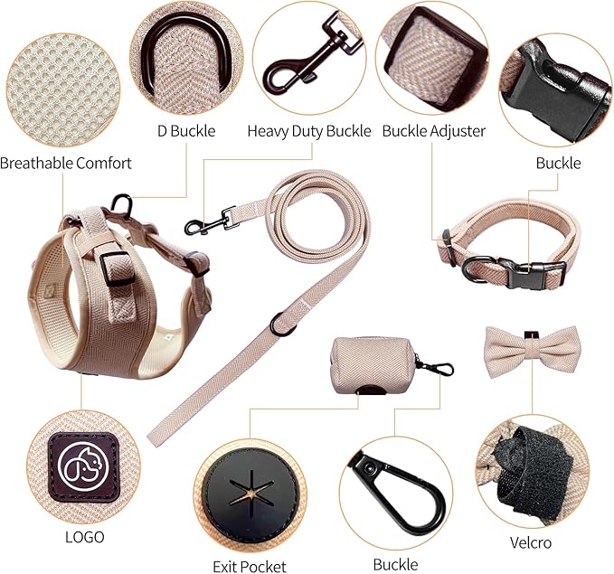 EVERKING 5-Piece Dog Travel Set, Adjustable Harness, Leash, Collar, Poop Bags, Bowtie for Small Medium Dogs, Beige, Breathable No-Pull Design (Beige, S)