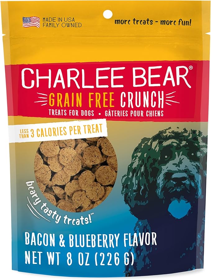 Charlee Bear Crunch Grain Free Dog Treats, Bacon and Blueberry, 8 Ounce Resealable Bag, Low Calorie Training Treats for Dogs, Limited Ingredient, Healthy, Crunchy Dog Snacks, Made in USA