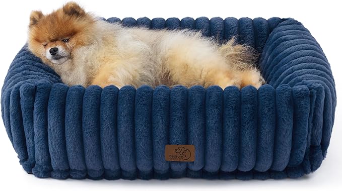 Bedsure ComfyFleece™ Cute Dog Beds Large Sized Dog - Washable Furry Pet Beds, Rectangle Orthopedic Corduroy Fleece Puppy Beds with Removable Zipper Cover, 25x21x7 inches,Night Blue