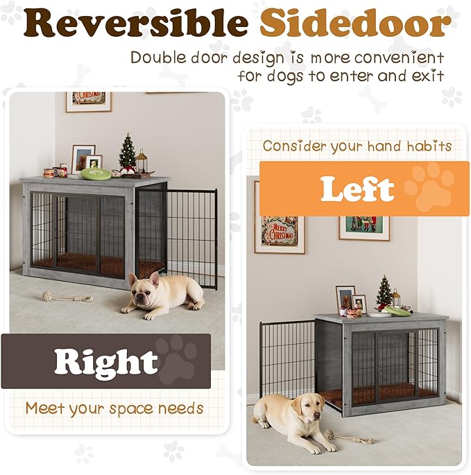 Dog Crate Furniture with Thick Cushion, Side End Table Wooden Dog Cage with Double Doors, Chew-Resistant Dog Kennel Dog House Indoor for Small to Large Dog