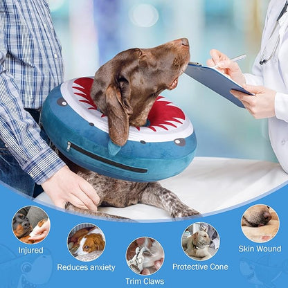 SCENEREAL Dog Cone Alternative After Surgery Pet Recovery Collar for Small Medium Large Dogs Cats, Adjustable Inflatable Donut to Prevent Licking, Shark Print E-Collars S