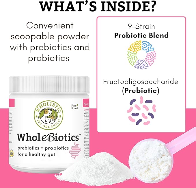 Wholistic Pet Organics WholeBiotics - Daily Dog Probiotics for Digestive Health Support & Immune Boost - 9 Strains - Prebiotics & Probiotics for Dogs & Cats - Gut Health for Dogs - 1 Oz - 28 Scoops