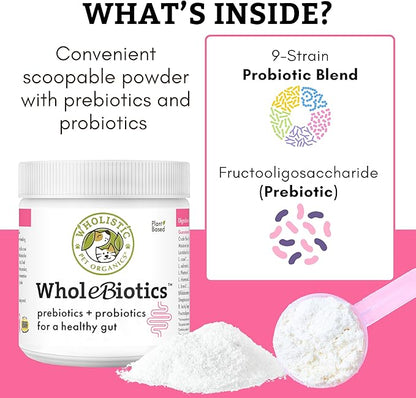 Wholistic Pet Organics WholeBiotics - Daily Dog Probiotics for Digestive Health Support & Immune Boost - 9 Strains - Prebiotics & Probiotics for Dogs & Cats - Gut Health for Dogs - 1 Oz - 28 Scoops