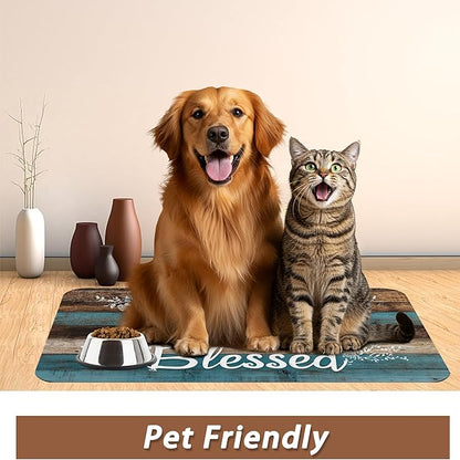 Thankful Grateful Blessed Dog Cat Food Mat,Vintage Wooden Absorbent Pet Feeding Mat for Food and Water, Non-Slip Dog Bowl Mats Floor Protector 12"x20"