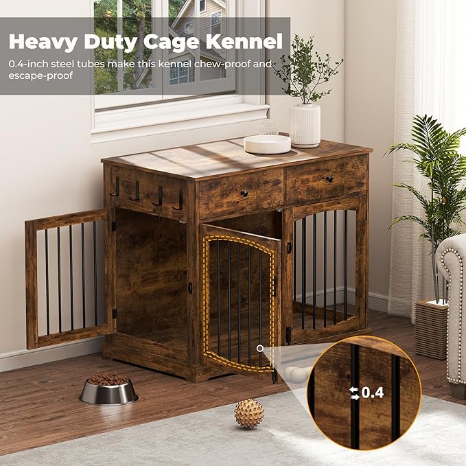 Dog Crate Furniture, Wooden Dog Kennel Furniture, Heavy-Duty Dog Crate End Table with Storage Drawers, Double Doors Decorative Pet Cage House Indoor for Small Medium Dog, 40Inch, Rustic Brown