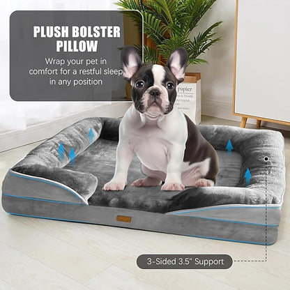 Orthopedic Dog Bed with Sides - Dog Sofa Beds for Medium Dogs, Supportive Foam Pet Couch Bed with Washable Removable Cover, Waterproof Lining and Non-Slip Bottom, Grey - M
