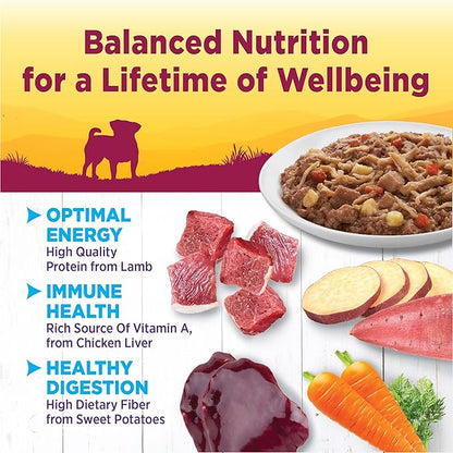 Wellness Petite Entrees Shredded Medley Small Breed Adult Wet Dog Food, Grain Free, Natural, Braised Lamb, Venison, White Sweet Potato, and Carrots, 3 oz, Pack of 12 Cups