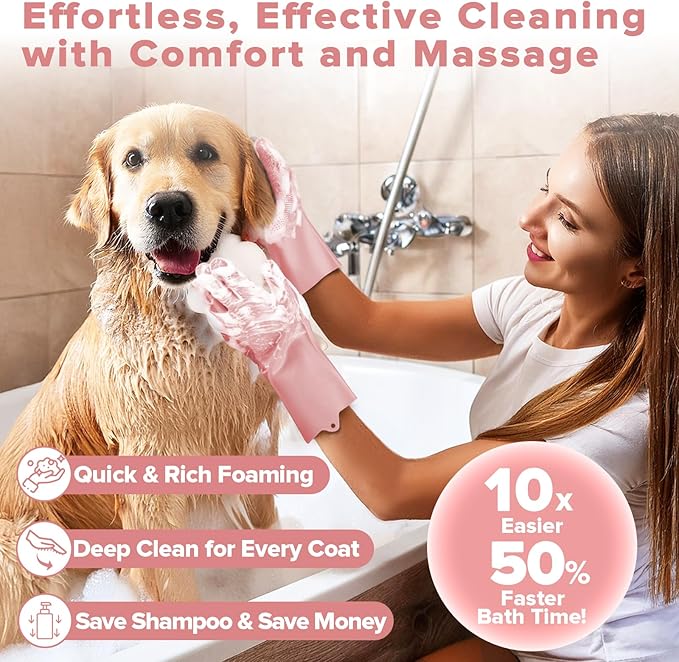 Augwind 6PCS Pet Grooming Kit for Dogs,Cats and Horses | Dog Washing Gloves | Dog Bath Brush | Dog Bath Gloves | Dog Shampoo Brush | Pet Grooming Gloves | Dog Bath Supplies (Light Pink)