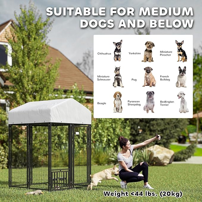 PawHut 4' x 4' x 6' Outdoor Dog Kennel, Welded Wire Dog Kennel Outside Run with 360° Rotating & 4 Level Adjustable Bowls, Waterproof & UV Resistant Cover, for S&M Breeds, Chickens, Ducks, Silver