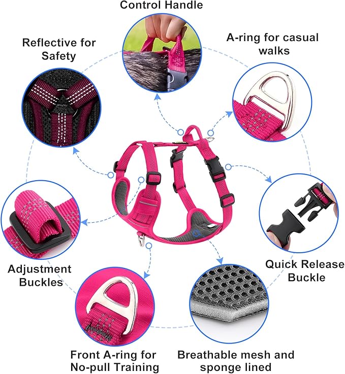 Plutus Pet No Pull Dog Harness, Reflective Adjustable Dog Vest Harness with Handle, Escape Proof, Soft Padded for Small Medium Large Dogs (Hot Pink, XS)