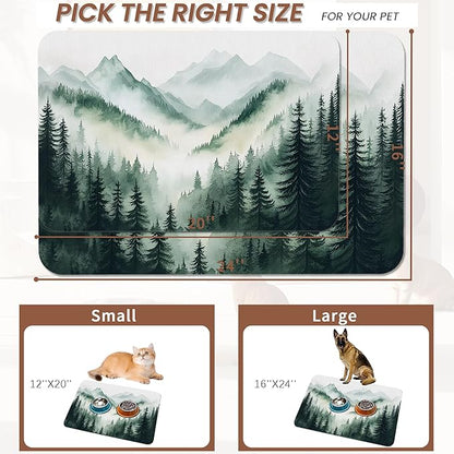 Misty Forest Mountain Dog Food Mat for Floors,Absorbent Quick-Dry Pet Feeding Mat,Cat Dog Bowl Mats for Food and Water,Non-Slip Pet Accessories Supplies 16"x24"
