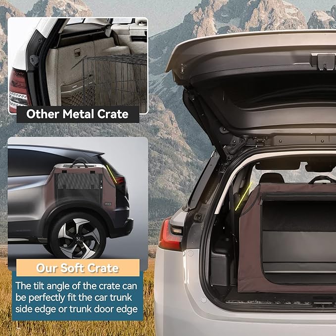 PETSFIT Soft Sided Dog Crate, Portable Dog Crate- 30 Inch Sturdy Adjustable Structure, Easy to Set Up, Collapsible Dog Car Crate, Light Tough with 3 Mesh Doors Brown